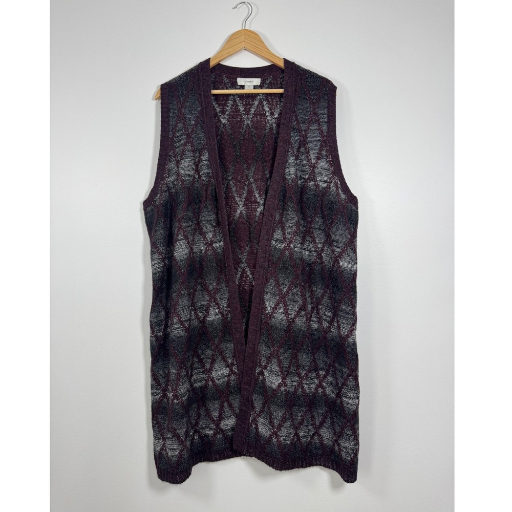 CJ Banks Sweater‎ Vest Women 2X Purple Argyle Knit Open Front Longline Cardigan